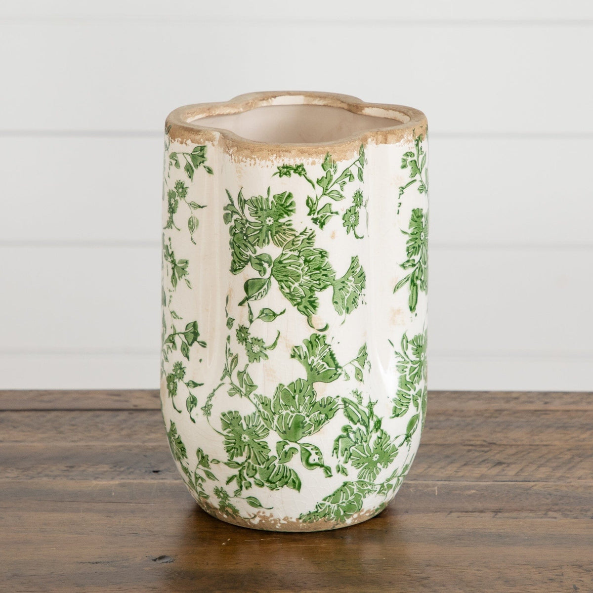 9-inch Floral Tuscan ceramic green scroll vase with white glaze and distressed gold rim on Tampa Home & Garden Store