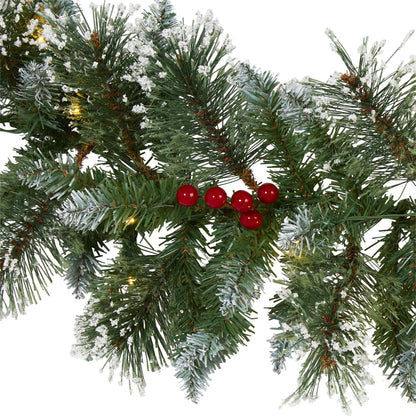 Nearly Natural 9 ft frosted Swiss pine garland with 50 clear LED lights and berries on Tampa Home & Garden Store