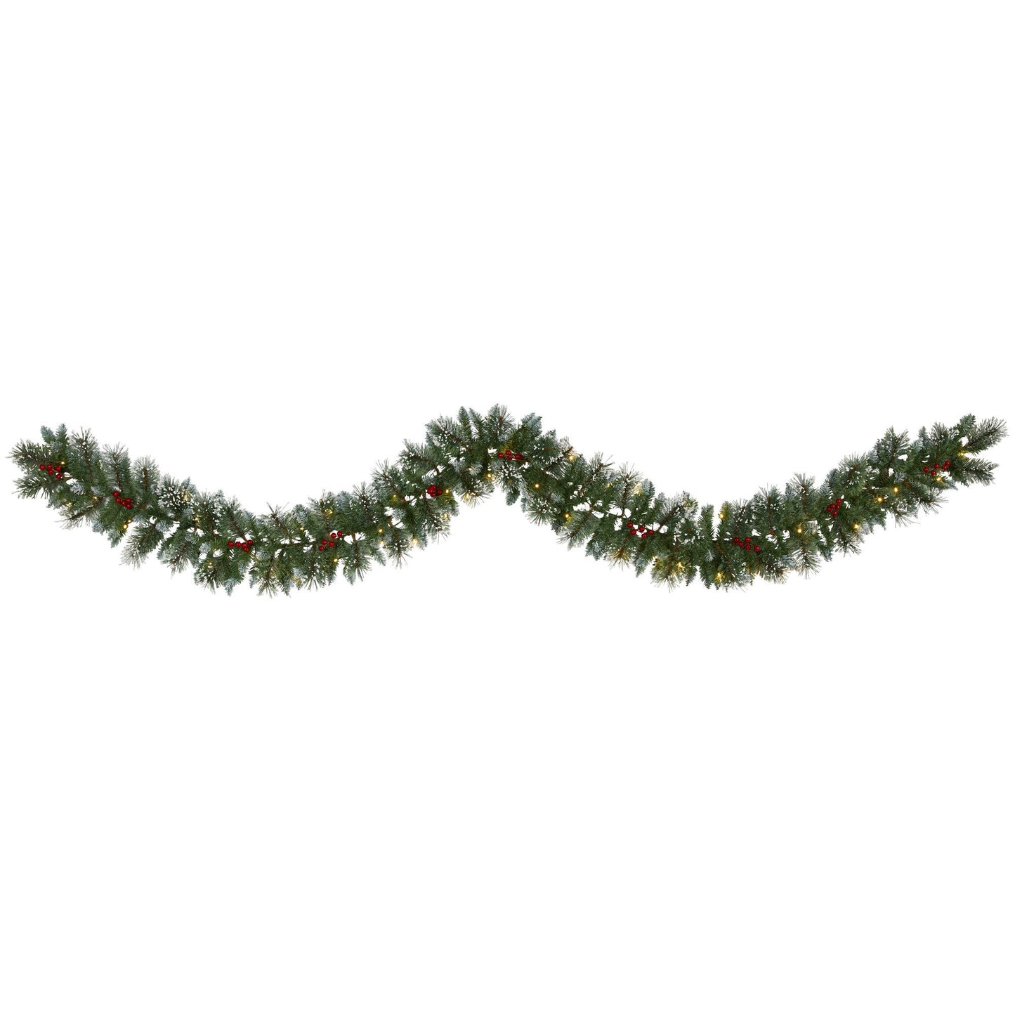 Nearly Natural 9 ft Frosted Swiss Pine Garland with 50 clear LED lights and berries on Tampa Home & Garden Store