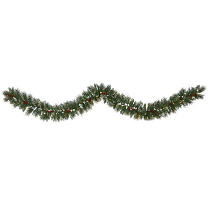 Nearly Natural 9 ft Frosted Swiss Pine Garland with 50 clear LED lights and berries on Tampa Home & Garden Store