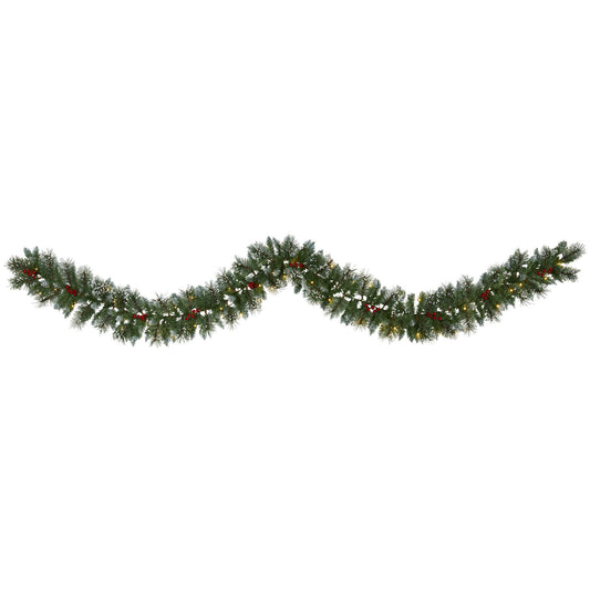 Nearly Natural 9 ft Frosted Swiss Pine Garland with 50 clear LED lights and berries on Tampa Home & Garden Store