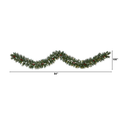 9’ Frosted Swiss Pine garland with 50 clear LED lights and red berries by Nearly Natural on Tampa Home & Garden Store