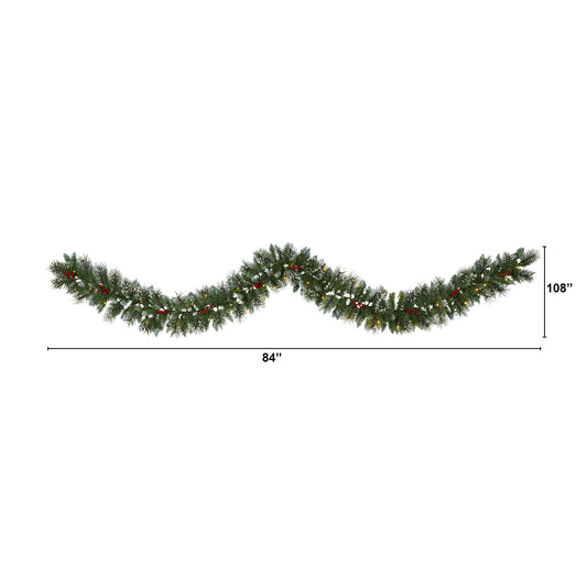 9’ Frosted Swiss Pine garland with 50 clear LED lights and red berries by Nearly Natural on Tampa Home & Garden Store
