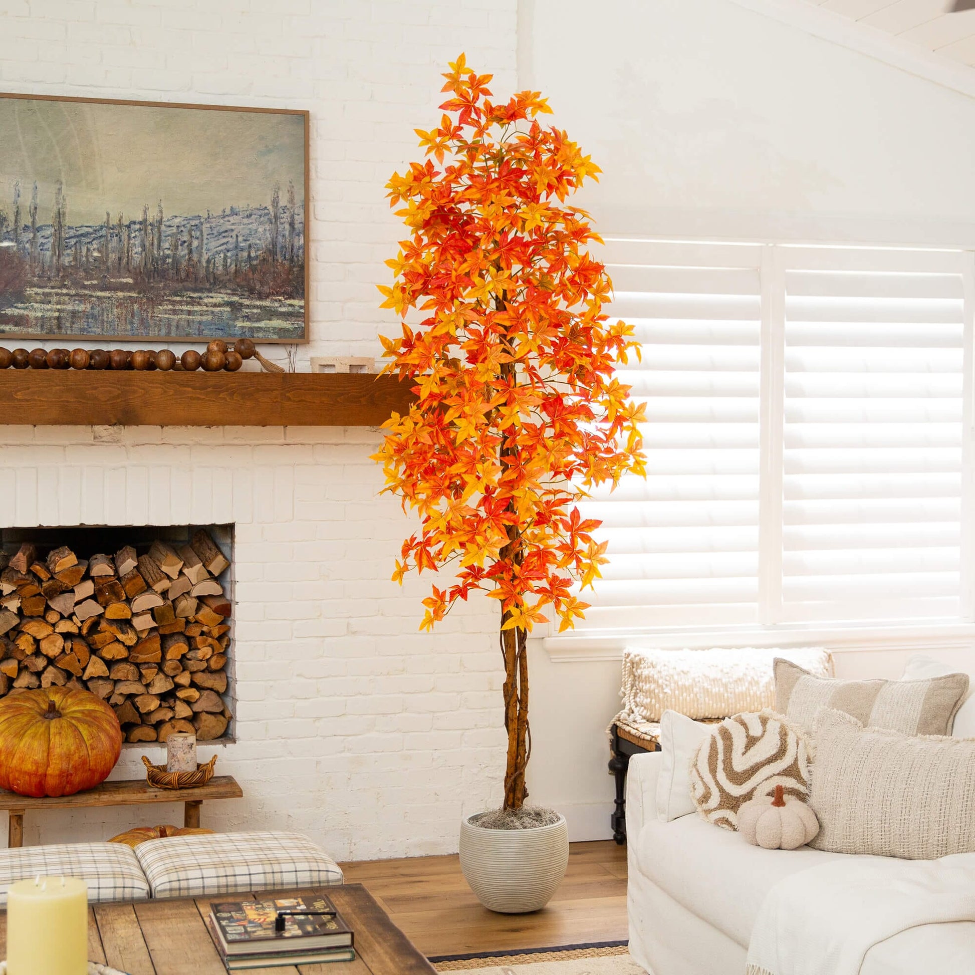9' Autumn Deluxe Maple Artificial Tree by Nearly Natural with orange leaves for fall decor on Tampa Home & Garden Store