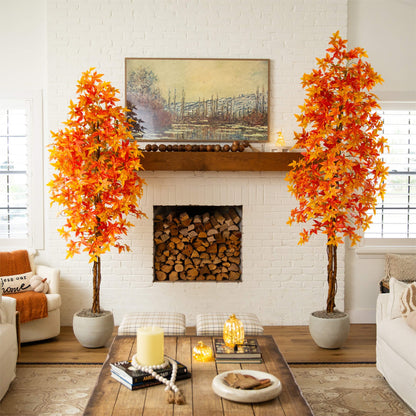 Pair of Nearly Natural 9' Autumn Maple Artificial Fall Trees with orange leaves beside fireplace on Tampa Home & Garden Store