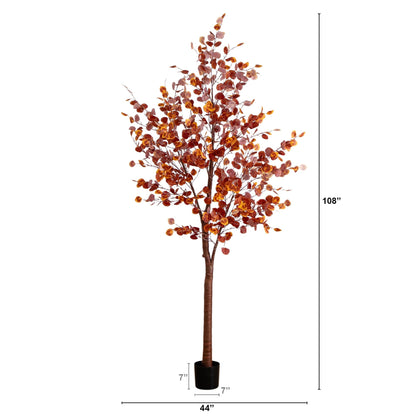 9' Fall Eucalyptus Tree with orange-brown leaves, 700 Warm White LEDs, pot on Tampa Home & Garden Store