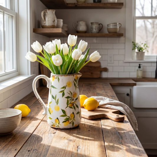 9in Lemon Print Ceramic Rustic Jug Vase with white tulips Nearly Natural on Tampa Home & Garden Store