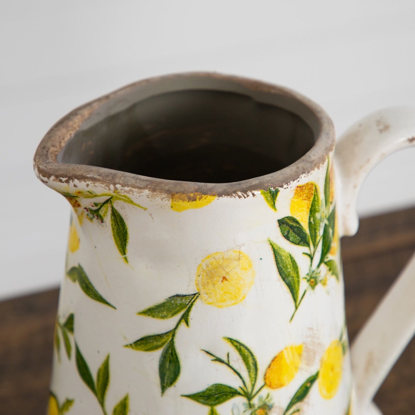 9in Lemon Print Ceramic Rustic Jug Vase with lemon motif and weathered rim on Tampa Home & Garden Store