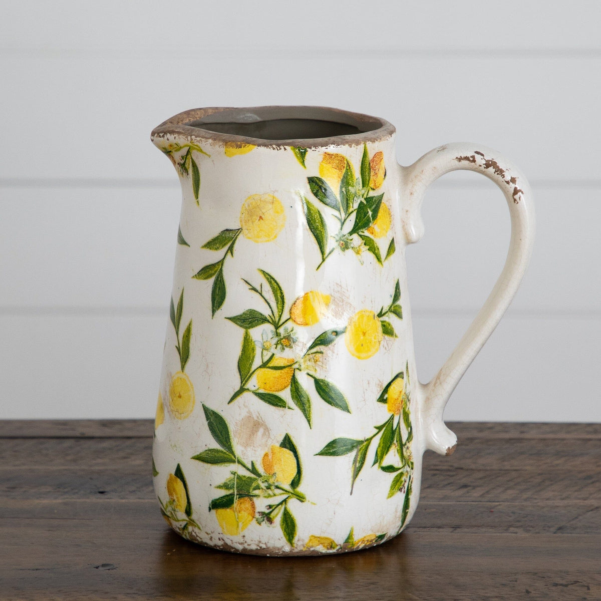 9-inch lemon-print ceramic rustic jug vase with green leaves and yellow lemons on Tampa Home & Garden Store