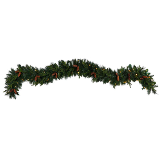 9' Mixed Pines and Pinecones Extra Wide Garland with 286 Branches and 70 Warm White LED Lights - Tampa Home & Garden Store