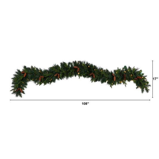 9' Mixed Pines and Pinecones Extra Wide Garland with 286 Branches and 70 Warm White LED Lights - Tampa Home & Garden Store