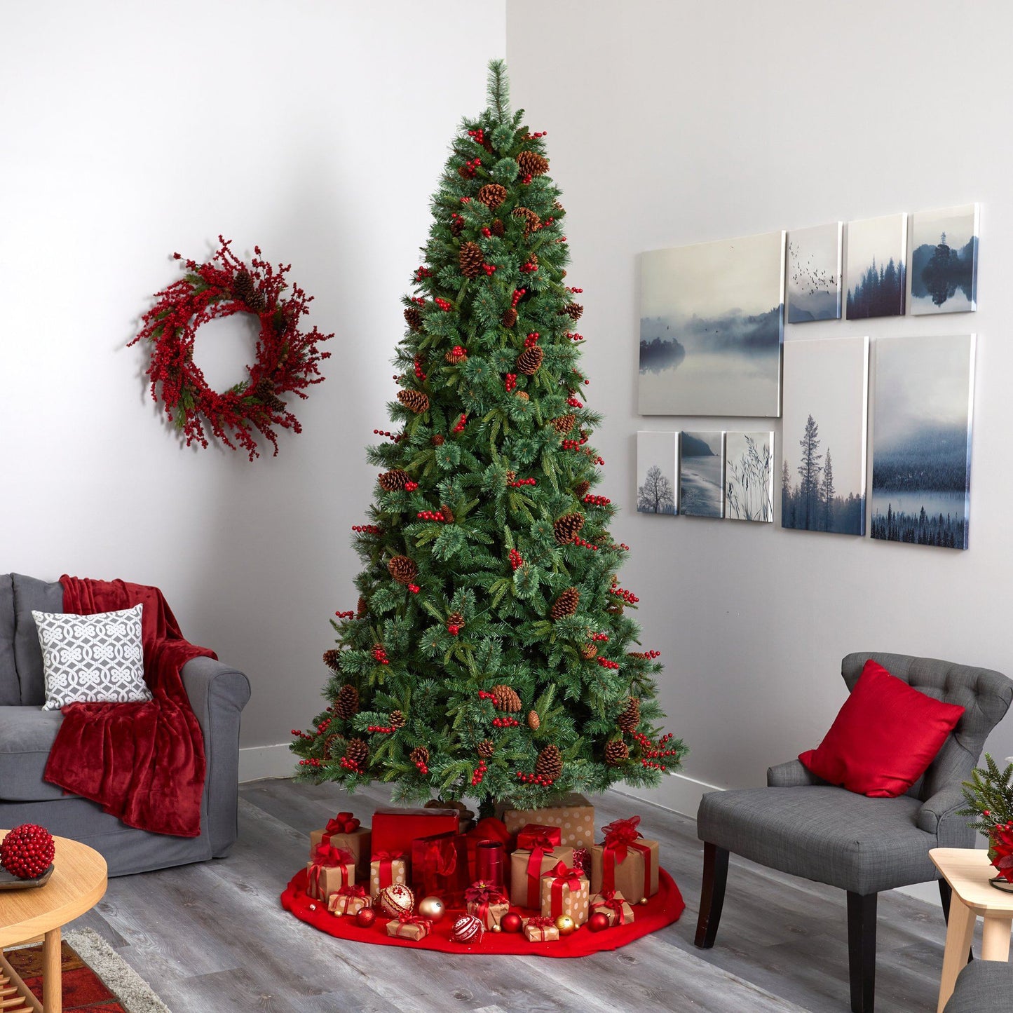 9’ Norway Mixed Pine artificial Christmas tree with 650 clear LED lights, pine cones and berries on Tampa Home & Garden Store