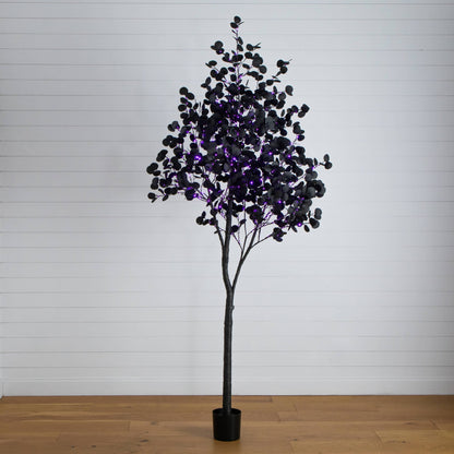 9' Pre-Lit Halloween Black Eucalyptus Tree with 700 Orange & Purple LEDs by Nearly Natural on Tampa Home & Garden Store