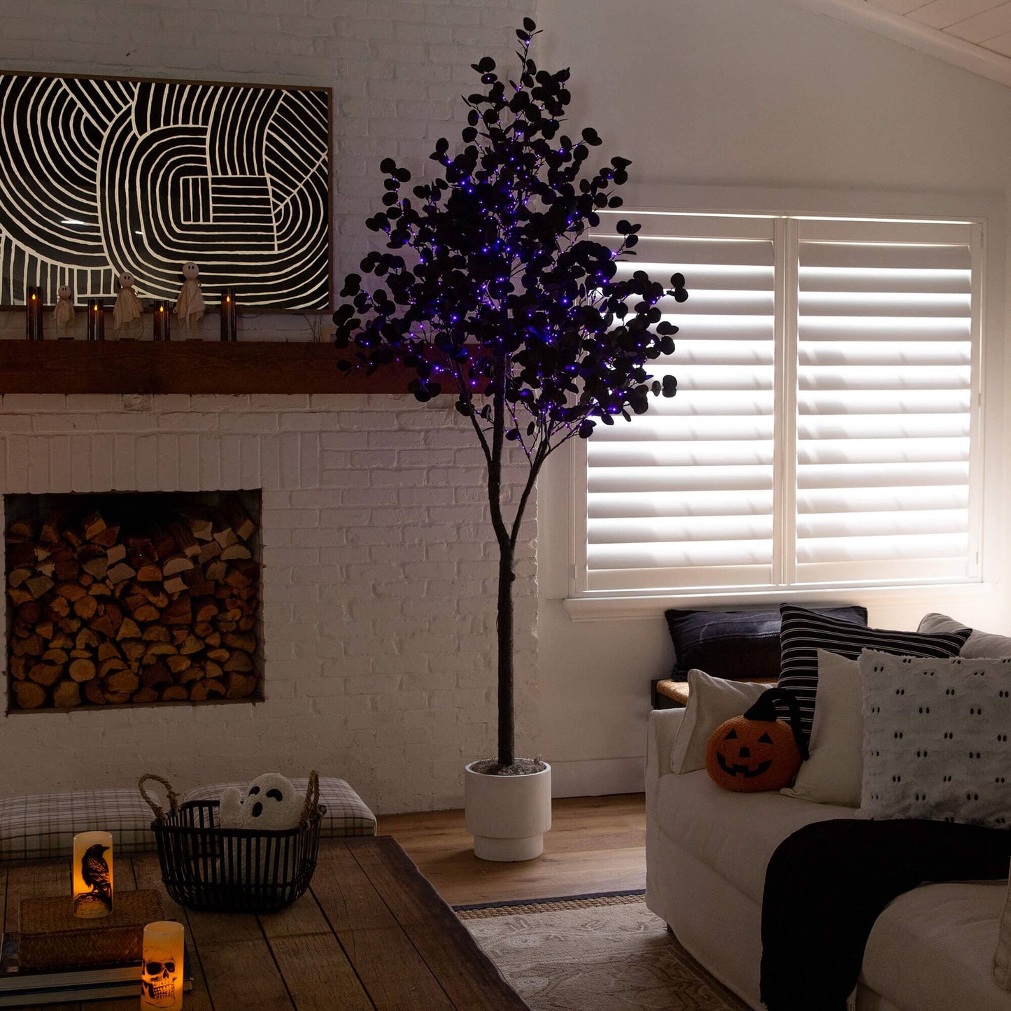 9' Pre-Lit Halloween Black Eucalyptus Tree with 700 orange and purple LEDs Nearly Natural on Tampa Home & Garden Store