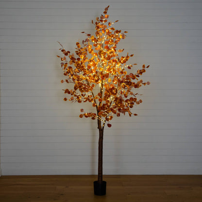 9' pre-lit autumn eucalyptus artificial tree with 700 warm white LEDs, orange leaves in black pot on Tampa Home & Garden Store