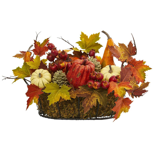 9" Pumpkin, Gourd, Berry and Maple Leaf Artificial Arrangement" - Tampa Home & Garden Store