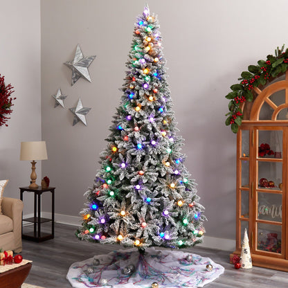 Nearly Natural 9.5' flocked British Columbia Mountain Fir Christmas tree with color lights on Tampa Home & Garden Store
