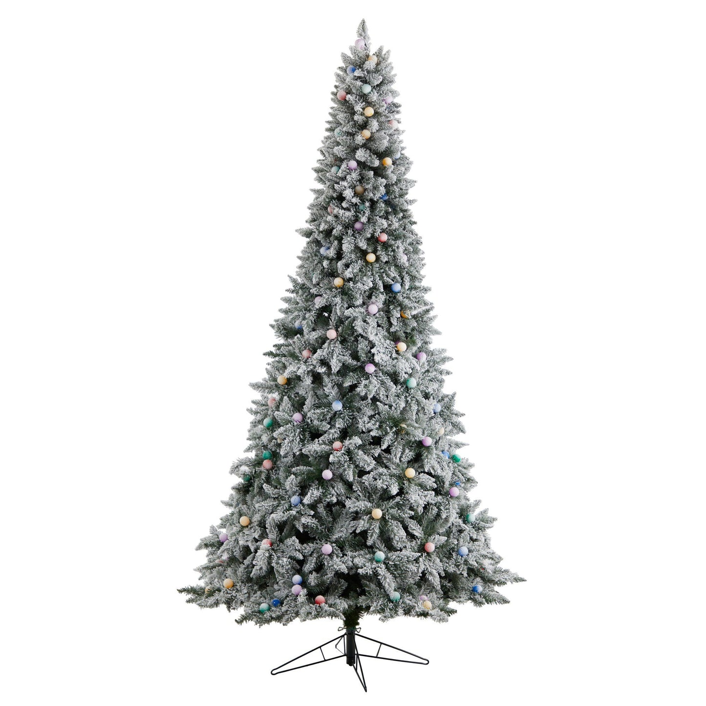 Nearly Natural 9.5' flocked BC Mountain Fir artificial Christmas tree with pastel ornaments on Tampa Home & Garden Store