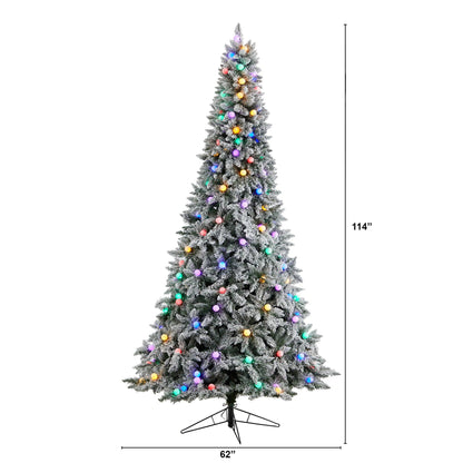 9.5' flocked BC Mountain Fir artificial Christmas tree by Nearly Natural with multicolor lights on Tampa Home & Garden Store