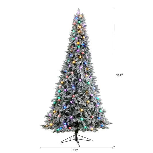 9.5' flocked BC Mountain Fir artificial Christmas tree by Nearly Natural with multicolor lights on Tampa Home & Garden Store