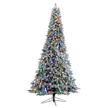 9.5' Flocked BC Mountain Fir Christmas tree by Nearly Natural with colored lights on metal stand on Tampa Home & Garden Store