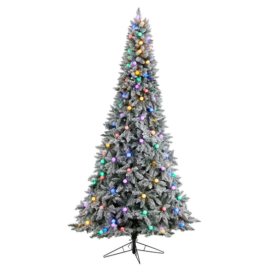 9.5' Flocked BC Mountain Fir Christmas tree by Nearly Natural with colored lights on metal stand on Tampa Home & Garden Store