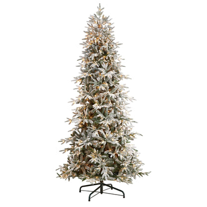 9.5’ Flocked Manchester Spruce Artificial Christmas Tree with 650 Lights and 1733 Bendable Branches