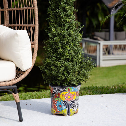 Planter 9.5x10 Handmade Talavera ceramic with vibrant pattern holding a green shrub on Tampa Home & Garden Store