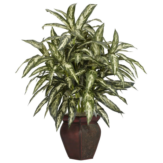 Aglaonema silk plant by Nearly Natural in a decorative brown vase with variegated leaves on Tampa Home & Garden Store