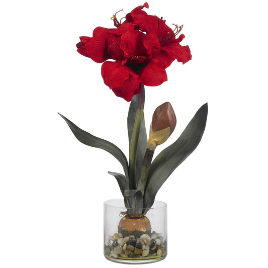 Red amaryllis bouquet in a clear round vase with decorative pebbles, Nearly Natural on Tampa Home & Garden Store