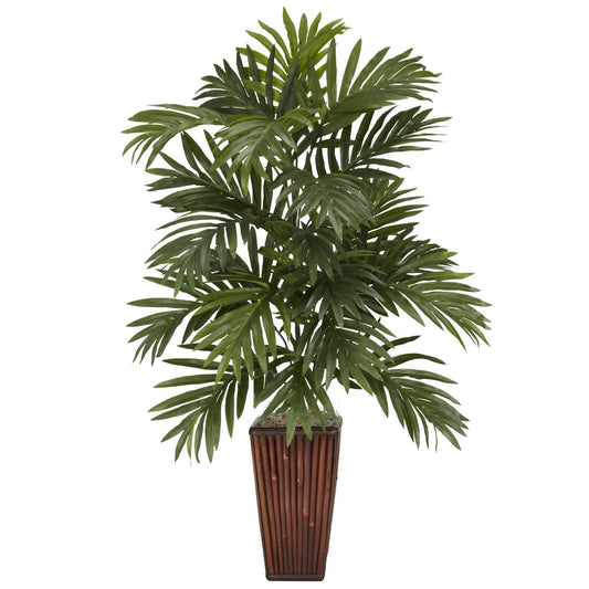 Areca Palm silk plant in bamboo vase with green fronds, Nearly Natural artificial palm in planter on Tampa Home & Garden Store