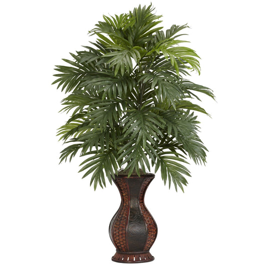 Areca Palm silk plant in a brown wicker urn by Nearly Natural with lush green fronds on Tampa Home & Garden Store