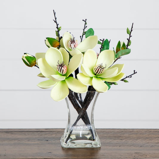 Artificial Magnolia Arrangement by Nearly Natural with pale yellow blooms in glass vase on Tampa Home & Garden Store