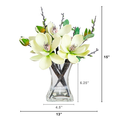 Artificial Magnolia Arrangement with Vase, cream blossoms and foliage by Nearly Natural on Tampa Home & Garden Store