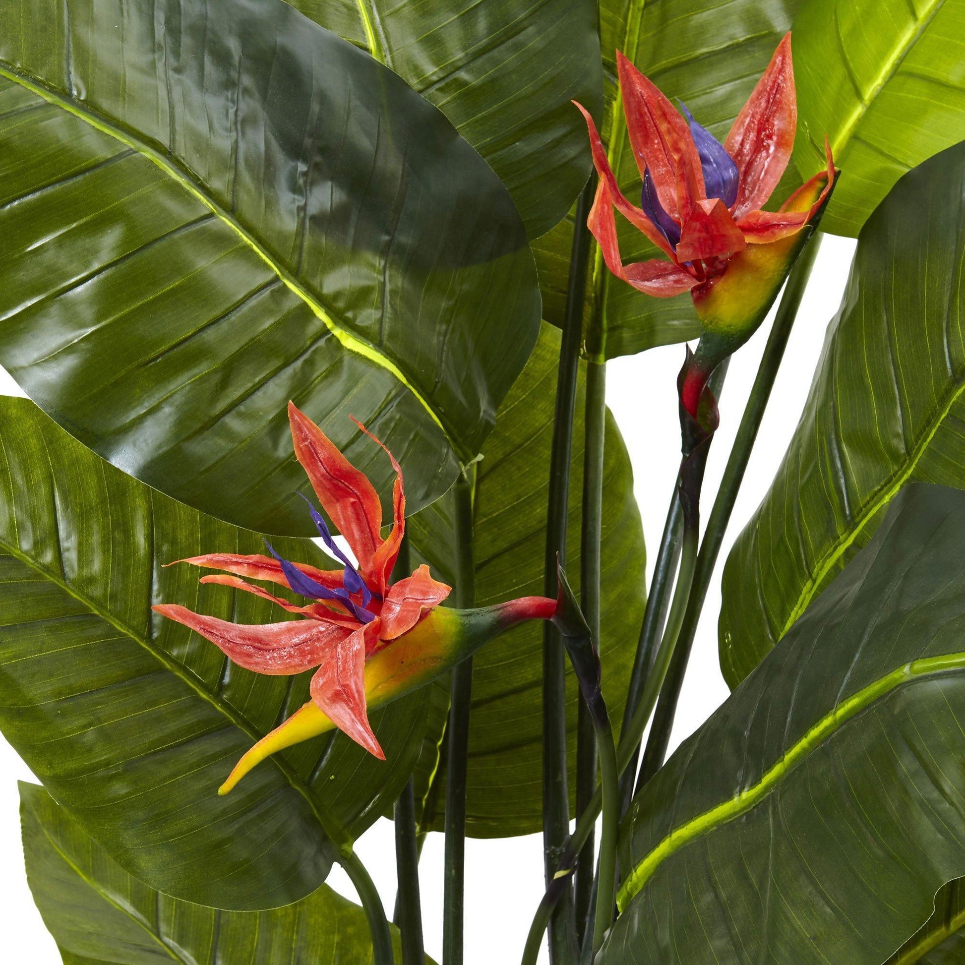 58-inch Bird of Paradise artificial plant by Nearly Natural with glossy green leaves and orange purple blooms on Tampa Home & Garden Store