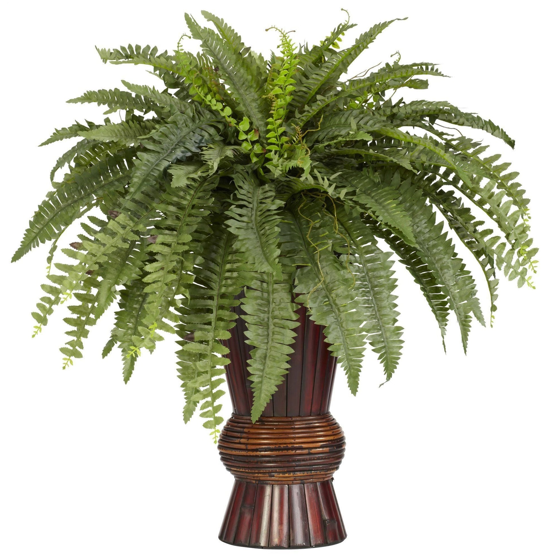 Boston Fern silk plant by Nearly Natural in a dark brown bamboo vase with lush green fronds on Tampa Home & Garden Store