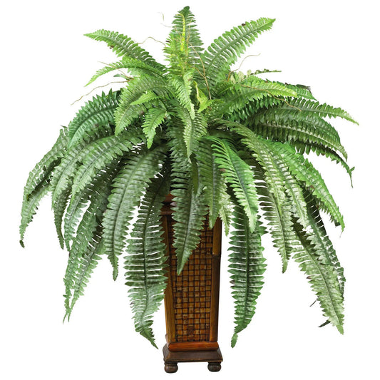 Boston Fern w/Decorative Wood Vase Silk Plant - Tampa Home & Garden Store