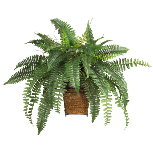 Boston Fern w/Wood Wicker Basket Silk Plant - Tampa Home & Garden Store