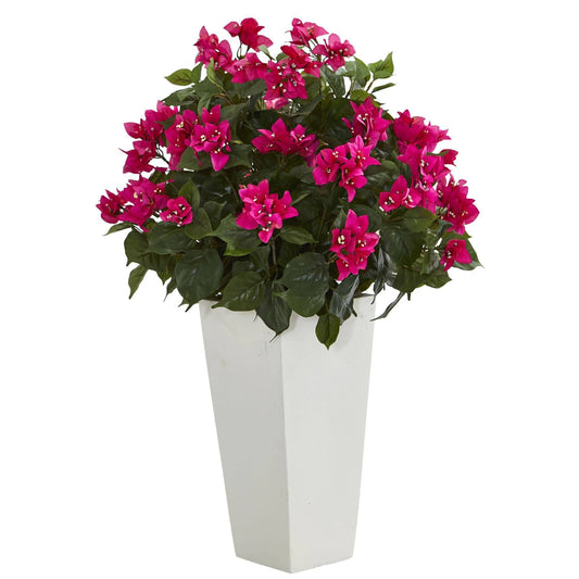 Bougainvillea artificial plant magenta flowers in a white tower planter 31in tall on Tampa Home & Garden Store