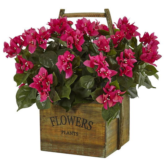 Bougainvillea plant in rustic wood planter, pink artificial flowers Nearly Natural on Tampa Home & Garden Store