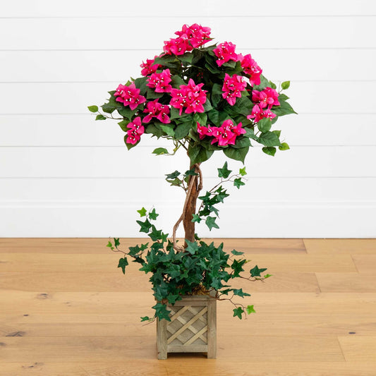 34" Bougainvillea Topiary w/Wood Box - Tampa Home & Garden Store