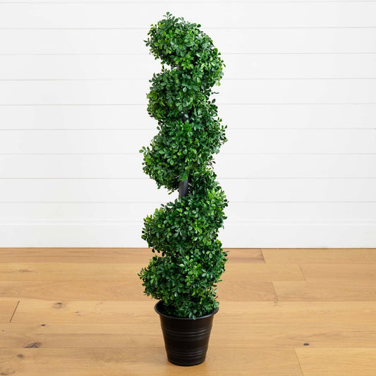 Boxwood spiral topiary in planter by Nearly Natural, green artificial greenery on Tampa Home & Garden Store