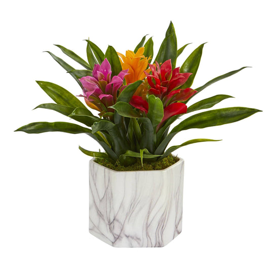 Bromeliad Artificial Plant in Marble Finished Vase - Tampa Home & Garden Store
