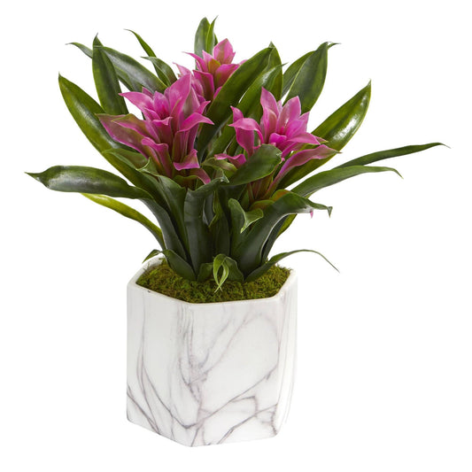 Bromeliad Artificial Plant in Marble Finished Vase - Tampa Home & Garden Store