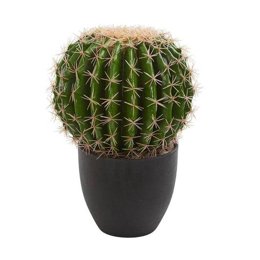 Cactus artificial plant Nearly Natural green ribbed globe cactus with beige spines in black pot on Tampa Home & Garden Store