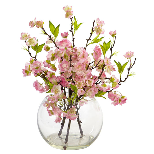 Cherry Blossom in Large Vase pink blossoms on branches with leaves in glass vase Nearly Natural on Tampa Home & Garden Store