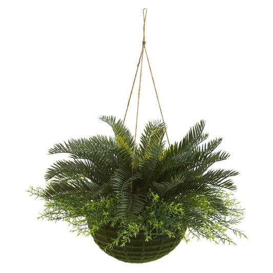 Cycas Artificial Plant in Mossy Hanging Basket (Indoor/Outdoor) - Tampa Home & Garden Store