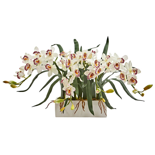 Cymbidium Artificial Arrangement in White Vase - Tampa Home & Garden Store