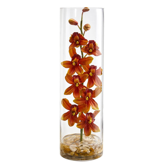 Nearly Natural Cymbidium Orchid artificial arrangement in clear cylinder vase with orange blooms on Tampa Home & Garden Store