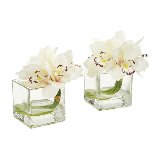 Cymbidium Orchid Artificial Arrangement in Glass Vase (Set of 2) - Tampa Home & Garden Store